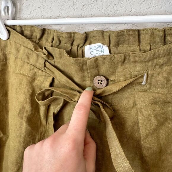 NWT Sigrid Olsen Army Green 100% Linen High Waist Paper Bag Tie Front Shorts L - Picture 2 of 5